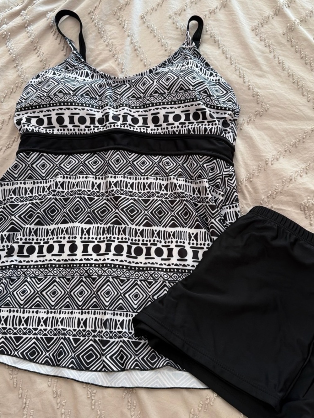 Black & White Printed Swin Suit with Black Shorts